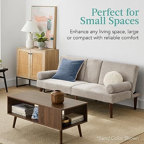 Best Choice Products Mid-Century Modern Upholstered Futon, Convertible Folding Sofa Bed, Small Couch w/Rounded Armrests, 2 Cupholders - Black 8