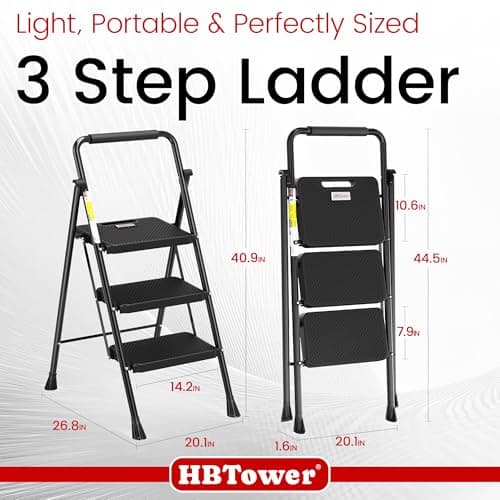 HBTower Step Ladder, Folding Step Stool with Wide Anti-Slip Pedal, Sturdy Steel Ladder, Convenient Handrail, Lightweight, Portable Steel Step Stool 6