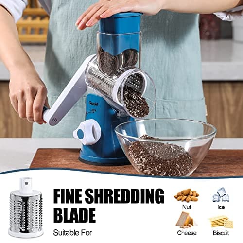 Geedel Rotary Cheese Grater, Kitchen Mandoline Vegetable Slicer with 3 Interchangeable Blades, Easy to Clean Rotary Grater Slicer for Fruit, Vegetables, Nuts 5