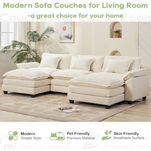 Oprisen 120" Modular Sectional Sofa, Comfy Cloud Couch Sectional Sofa with Ottoman, Chenille Sofa Sleeper Deep Seat Sofa with Throw Pillows for Living Room (Beige White, 120"- U Shape) 7