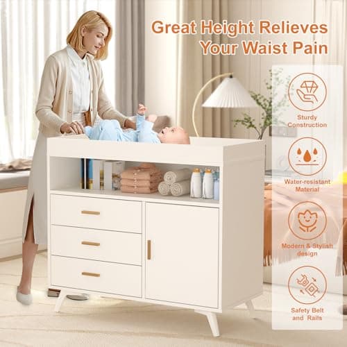 Nursery Dresser with Baby Changing Table,Diaper Changer Tables with 3-Drawer & Shelves, Wooden Baby Dresser with Top, Wood Diaper Changing Station 6