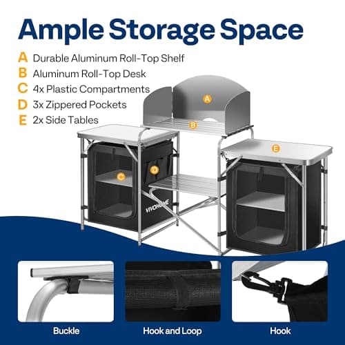 VIVOHOME Folding Camping Kitchen Station Table with Storage Organizer, 2 Side Tables, Stainless Steel Windscreen, Outdoor Portable Cook Station for BBQ, Picnics 4