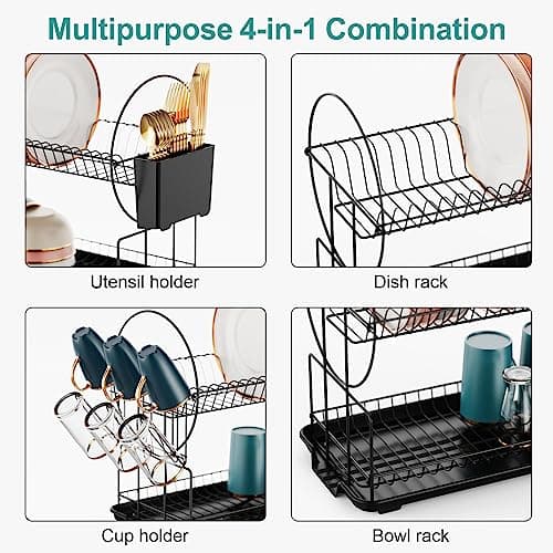 iSPECLE Dish Drying Rack - 2 Tier Small Dish Racks for Kitchen Counter with Drainboard, Utensil & Glass Holder, Small Dish Dryer Rack, Multifunctional Dish Drainer for Kitchen Organization, Black 7