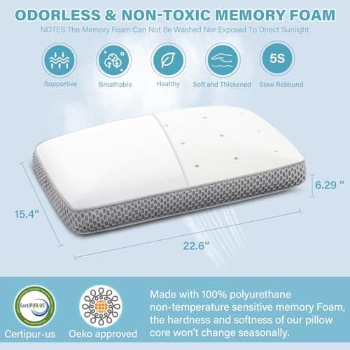 2 Pack Cooling Bed Pillows for Sleeping, Memory Foam Bed Pillows Queen Size Set of 2, Gel Pillow for Sleepers Cool Pillow for Side Back and Stomach Sleepers,Supportive（Grey） 6