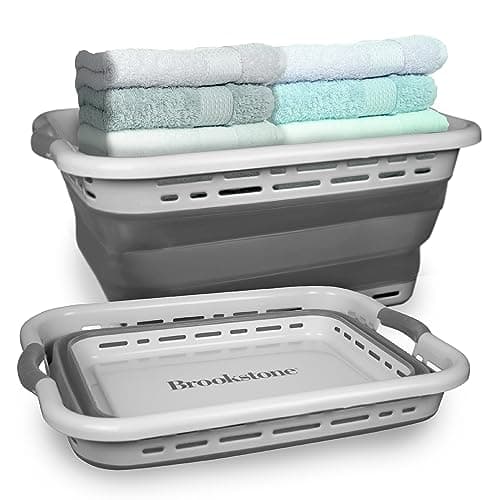 BROOKSTONE 11 GALLON XL 24" Collapsible Laundry Basket & Clothes Hamper, Comfort Non-Slip Handles, Modern Laundry Hamper with Space Saving Design, Portable Pop-Up Hamper, BPA FREE, Light Grey, 1 Pack