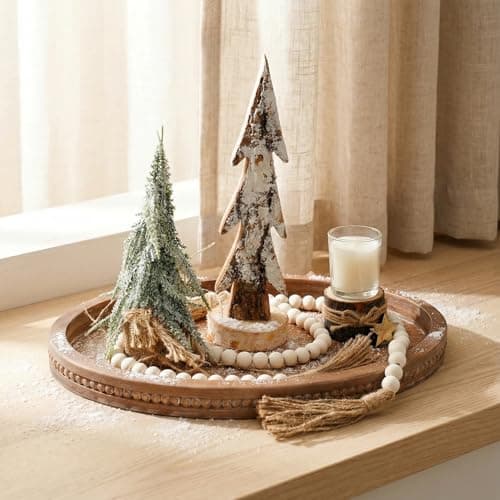 16" x 11.8" Oval Wood Decorative Tray with 58" Bead Garland, Farmhouse Coffee Table & Kitchen Island Décor, Rustic Brown Entryway Console Tray for Styling, Candles & Small Items 9