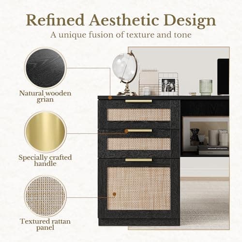 Perledesign 63 Inches L Shaped Standing Desk, Executive Standing Desk with Drawers and File Cabinet, AC/USB, 1.18" Desktop, Multi-Sized Storage Cubby, Privacy Panel, Rattan Computer Desk, Black 8