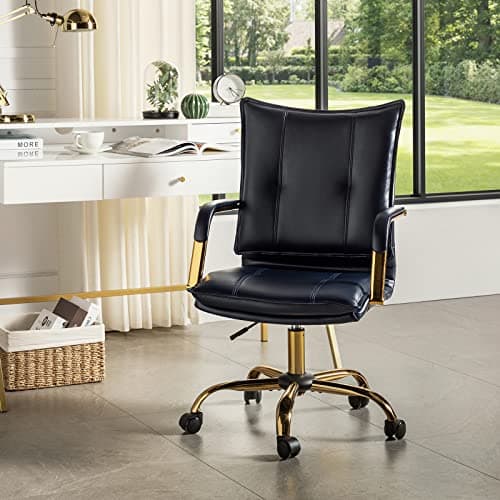 HULALA HOME Faux Leather Home Office Desk Chair, Adjustable Swivel Computer Chair with Golden Legs and Arms, Comfy Upholstered Task Chair, Navy