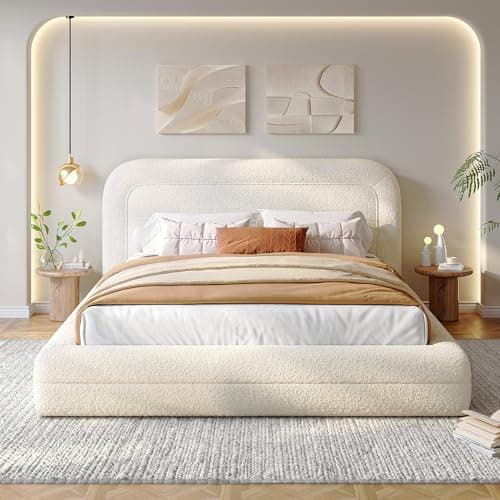 Homkdom Queen Bed Frame with Headboard, Upholstered Cloud Bed Frame, Anti-Collision Soft Rounded Corners, Boucle Platform Bed for Modern Bedrooms, Apartments, Guest Rooms, No Box Spring Needed,Beige