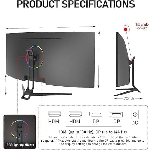 ZZA 34" Ultrawide Curved Gaming Monitor, 1500R PC Screen 165hz WQHD 3440x1440, Curved Computer Monitors with FreeSync,HDR10, 1ms,Eye Care, Borderless Design,Support Wallmount 75x75mm 6