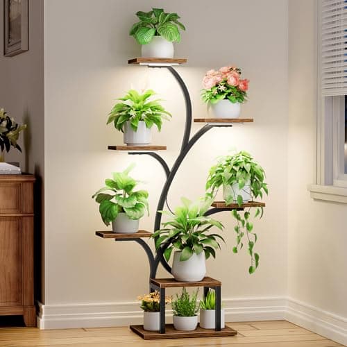 BACEKOLL Plant Stand Indoor with Grow Lights, 7 Tiered Indoor Plant Shelf, 49" Corner Plant Stands for Indoor Plants, Metal Plant Flower Display Shelf, Tree-Shaped Plant Rack for Home, Patio, Brown