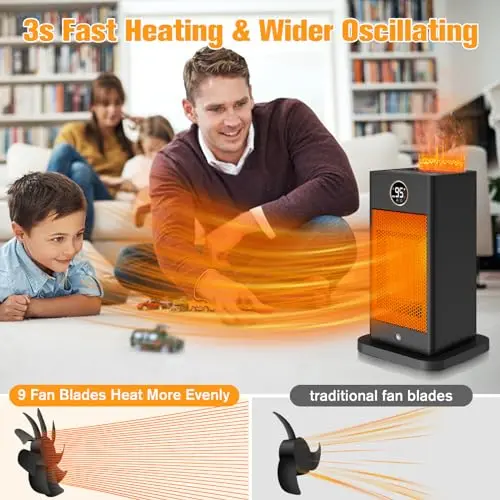 Space Heaters for Indoor Use,1500W PTC 2s Fast Heating Space Heater Large Room with Sensor Humidifier 3D Flame Effect Oscillating,Heater for Bedroom,Office Heat Up 260 sq.ft 5