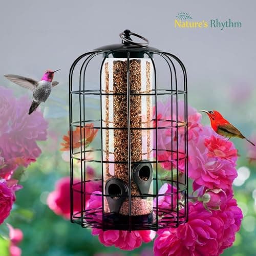 Nature's Rhythm Outdoor Hanging Bird Feeder Cage PC Tube Squirrel Proof Wild Bird Feeder with Large Metal Seed Guard Deterrent 5