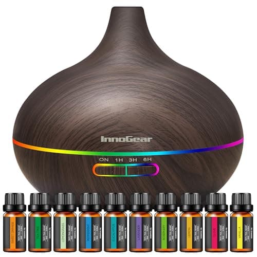 InnoGear Aromatherapy Diffuser & 10 Essential Oils Set, 400ml Diffuser Ultrasonic Diffuser Cool Mist Humidifier with 4 Timers 7 Colors Light Waterless Auto Off for Valentine's Gift, Dark Wood Grain