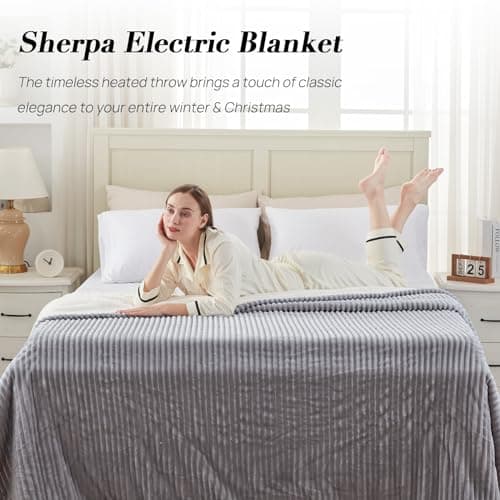 Westinghouse Queen Size Electric Blanket, Flannel to Sherpa Reversible, Heated Blanket Queen with Dual Control 10 Heating Settings & 1-12 Hours Auto Shut Off, Machine Washable, (84" x 90", Light Grey) 7