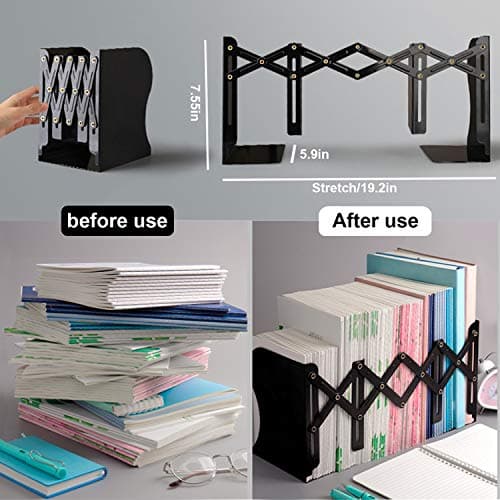 MDHAND Adjustable Book Ends, Metal Bookends for Heavy Books, Desk Book Holder for Shelves, Book Organizer for Desk, Book Stopper for Office Home and School Use, Extends up to 19 inches 6