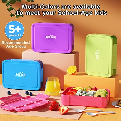 Jelife Bento Lunch Box for Kids - 1450ml Leakproof Kids Bento Box 6 Compartments Toddler Lunch boxes with Silverware for Back to School, Reusable LunchBox Snack Container for Daycare 7