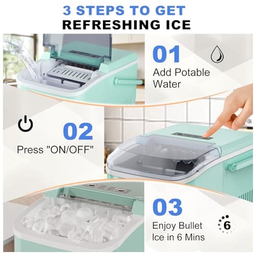 NEWBULIG Ice Makers Countertop with Handle, Portable Ice Machine, 9 Bullet Ice Cubes in 6 Mins, 26lbs in 24Hrs, Auto-Cleaning, with Basket and Scoop, for Home, Kitchen, RV, Camping, Green 6