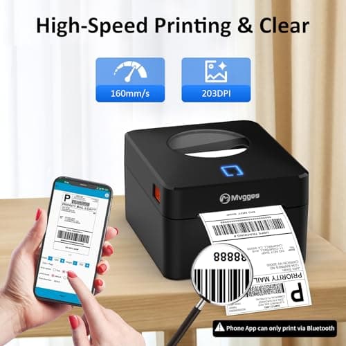Mvgges Bluetooth Thermal Shipping Label Printer, 4x6 Label Printer for Shipping Packages, Support Windows, Mac, iOS, iPhone, Android, Used for Amazon, Ebay, Shopify, Etsy, UPS, USPS, Matte Black 5