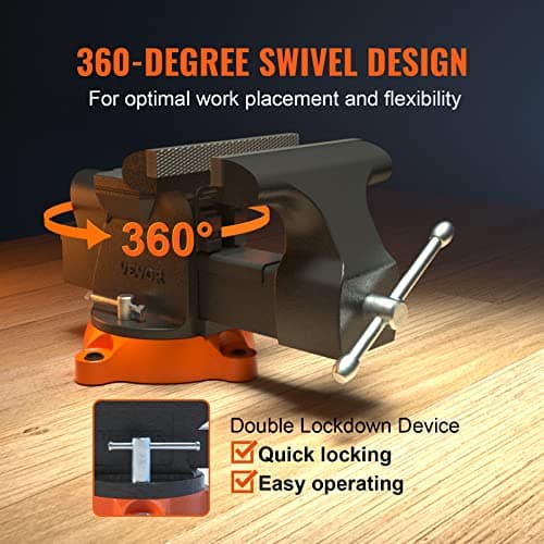 VEVOR Bench Vise, 6-inch Jaw Width 5.9-inch Jaw Opening, 360-Degree Swivel Locking Base Multipurpose Vise w/Anvil, Heavy Duty Ductile Iron Workbench Vise w/Bolts & Nuts, for Drilling, Pipe Cutting 5