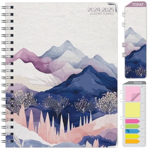 HARDCOVER Academic Year 2024-2025 Planner: (June 2024 Through July 2025) 8.5"x11" Daily Weekly Monthly Planner Yearly Agenda. Bookmark, Pocket Folder and Sticky Note Set (Pastel Mountains)