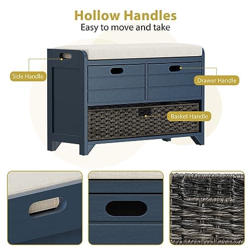 LOVMOR 32" Storage Bench with Removable Basket and 2 Drawers, Navy Wooden Entryway Bench with 250 lbs Weight Capacity 7