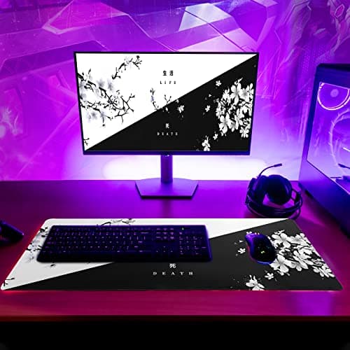 Black and White Japanese Cherry Blossom Gaming Mouse Pad Sakura Death Life Flower Mat 31.5x11.8 Inch Texture Non-Slip Rubber Base Mousepad Stitched Edges Keyboard Desk Pad for Office Home Game 6