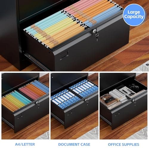 SUXXAN Metal 2 Drawer Lateral File Cabinet with Lock - Wide Filing Cabinet for Letter/Legal/F4/A4 Hanging Files - Includes Business Card Holder,Home Office School Storage,Black 5