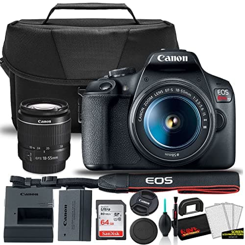 Canon EOS Rebel T7 DSLR Camera with 18-55mm Lens Starter Bundle + Includes: Shoulder Bag + 64GB Card + Clean and Care Kit + More