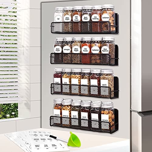 Churboro Magnetic Spice Rack for Refrigerator with Spice Jars- Includes 24 Pcs 4 OZ Seasoning Containers with Labels, 4 Space-Saving Magnetic Shelf for fridge- Perfect for Small Kitchens, Apartments