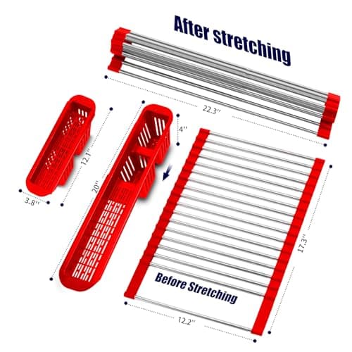 CLNGAI Roll Up Dish Drying Rack,Expandable Over The Sink Dish Drainer,Stainless Steel Kitchen Rolling Sink Rack with Utensil Holder,Length Up to 22.3" (Red, Large) 8