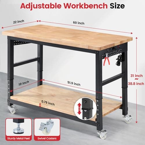 ENJOYWOOD Work Bench for Garage Adjustable Workbenches with Storage 60 Inch Garage Workbench with Under Table Shelf, Pegboard, Power Outlets for Woodworking, Home, Office, Workshop 8