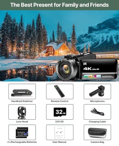4K Video Camera Camcorder 64MP Vlogging Camera for YouTube 3.0" Touch Screen 18X Digital Zoom IR Night Vision with External Stereo Microphone,Remote,Lens Hood,Handheld Stabilizer,32G Card &2 Batteries 8