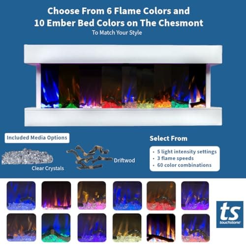 Touchstone Chesmont Smart Electric Fireplace- Wall Hanging Fireplace with 50" Wide White Floating Mantle- Alexa/WiFi Enabled-10 Color-1,500W Heater- Crystals & Driftwood-Model 80033 5