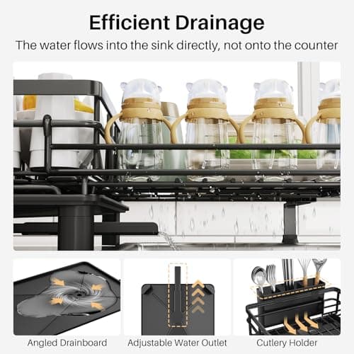 SNTD Dish Drying Rack - Extendable Dish Rack, Large Sink Drying Dish Drainer for Kitchen Counter, Stainless Steel Dish Strainer with Utensil Holder (Black) 5