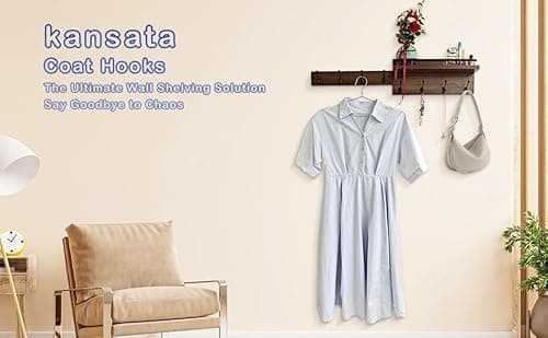 kansata Coat Rack Wall Mount with Shelf Set, Wooden Coat Hooks Key Holder for Wall, Heavy Duty Coat Hanger for Hanging Hats, Purses, Caps, Clothes, Pants - 8 Hooks (Acacia Wood, Dark Brown) 7