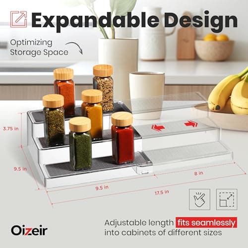 Oizeir Expandable Spice Organizer Rack (2-PACK) - 3-Tier - Clear Adjustable Tiered Shelf Spices Organization for Kitchen Cabinet and Pantry Storage 2