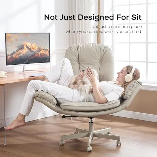 amseatec Criss Cross Chair with Armrests & Wheels for Cross-Legged Sitting, Comfortable Adjustable Swivel Office Desk Chair –PU Leather Vanity Chair for Home, Makeup and Bedroom (Cream) 8