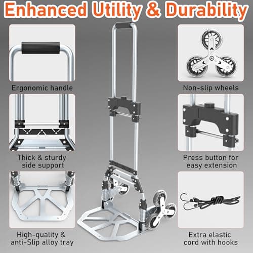 Stair Climbing Cart, 220 LBS Aluminum Stair Climber Dolly, Heavy Duty Folding Hand Truck Dolly with 6 Wheels, Telescoping Handle and Elastic Rope for Home, Moving, Groceries, Warehouse 4