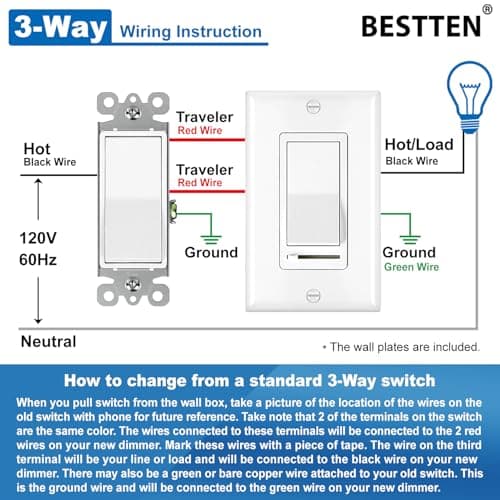 BESTTEN 2 Pack Dimmer Light Switch, Universal Lighting Control, Single Pole or 3 Way, Compatible with LED Dimmable Lamp, CFL, Incandescent, Halogen Bulb, Decorator Wallplate Included, UL Listed, White 7