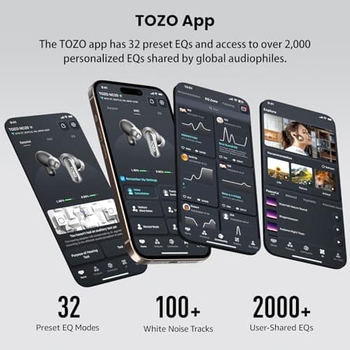 TOZO NC20 Active Noise Cancelling Wireless Earbuds, LDAC Hi-Res Sound Bluetooth Headphones, 6 Mics AI Call Ear Buds 80H Playtime, Dual Pairing, 32 EQ via App, IPX8 Waterproof, Wireless Charging Case 9