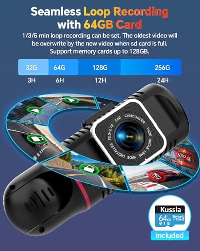 Kussla Dash Cam Front and Rear Inside, 1080P 3 Channel Dash Camera for Cars with 64GB Card, Super Night Vision Dashcam, Car Camera with Loop Recording, G-Sensor, WDR, 24H Parking Monitor 5