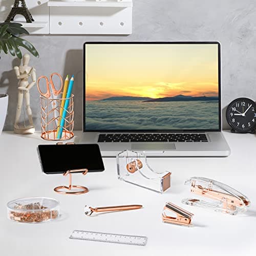 Rose Gold Office Supplies Set 11PCS, Aibocn Desk Accessories Stapler, Staple Remover, 1000pcs Staples, Tape Holder, Pen Holder, Pen, Scissors, Binder/Clips and Ruler, Gift for Students and Coworkers 8