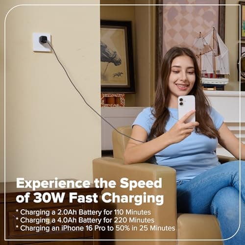 GREENWORKS 24V 1/2" Brushless Cordless Drill (400 In-lbs.), 2.0Ah (12,000mAh Power Bank) USB-C Batteries, 3.3 FT Braided Cable, 30W Charger 10