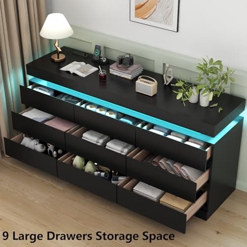Gyfimoie 9 Drawer Dresser with Power Outlet, Dresser with LED Light, Modern Chest of Drawers for Closet, Double Wide Drawer Organizer Cabinet for Bedroom, Living Room (Black, 9 Drawers) 5