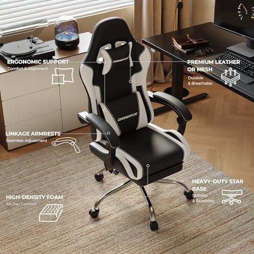 Dowinx Ergonomic Gaming Chair with Footrest, Heavy Duty 330lbs Office Chair, Massage Lumbar Support, Adjustable Height & Headrest Pillow, Comfortable for Back Pain Relief Streaming Long Gaming White 6