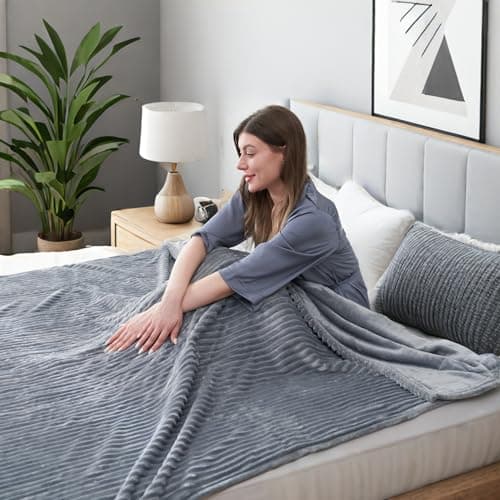 Eydna Electric Heated Blanket Queen Size 84"x 90", Dual Control, Warming Striped Flannel with 10 Heating Levels & 1-12 Hours Auto Off, Machine Washable, Light Gray