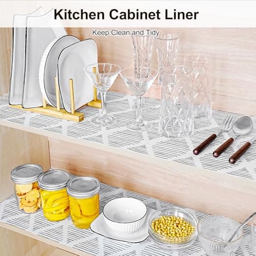 Drawer and Shelf Liner for Kitchen Cabinet,Non-Adhesive Cabinet Liner 12in x 20FT,Waterproof Shelf Paper Non-Slip Mats Cupboard Liners Contact Protect Dresser/Shelves/Table-Square Stripes 5