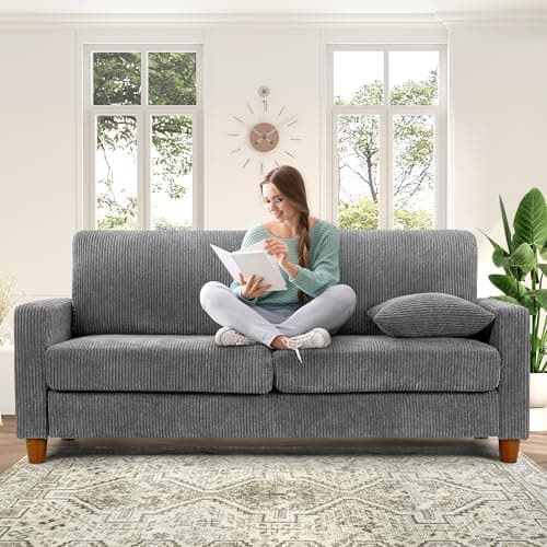 Kidirect 70in Corduroy Couch, Sofa No Tool Assembly, Comfy Couches for Living Room 21in Deeper Seats, Corduroy Sofas for Living Room with 2 Pillows, Oversized Loveseat Sofa, Boho Love Seat Grey Couch