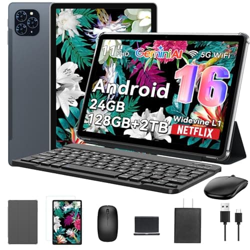 Tablet 2026 Android 16 Tablet with Gemini AI, 11 Inch FHD Display, 24GB RAM 128GB ROM /2TB TF, T7250 CPU+13MP Camera, 8000mAh, Widevine L1, 2 in 1 Tablets with Keyboard Mouse Stylus